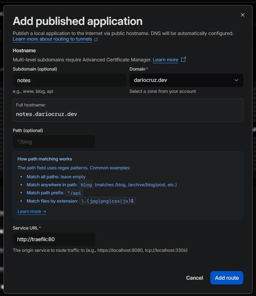 Screenshot of the Cloudflare subdomain configuration for notes.dariocruz.dev